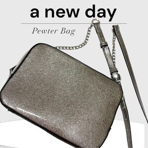 Shiny Pewter Grey Box Style Zippered Bag with Silver & Adjustable Strap